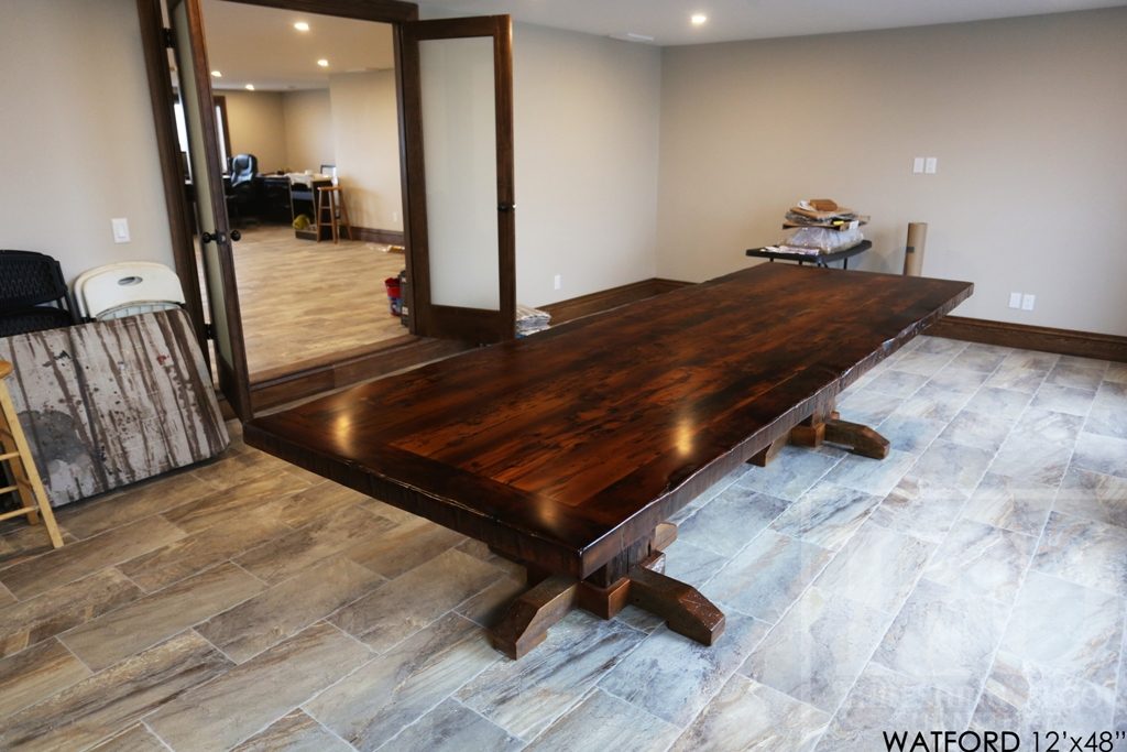 custom pedestal table Ontario, epoxy finish, resin, boardroom table Ontario, reclaimed wood tables Ontario, custom office furniture Ontario, solid wood table, mennonite furniture, Watford Ontario