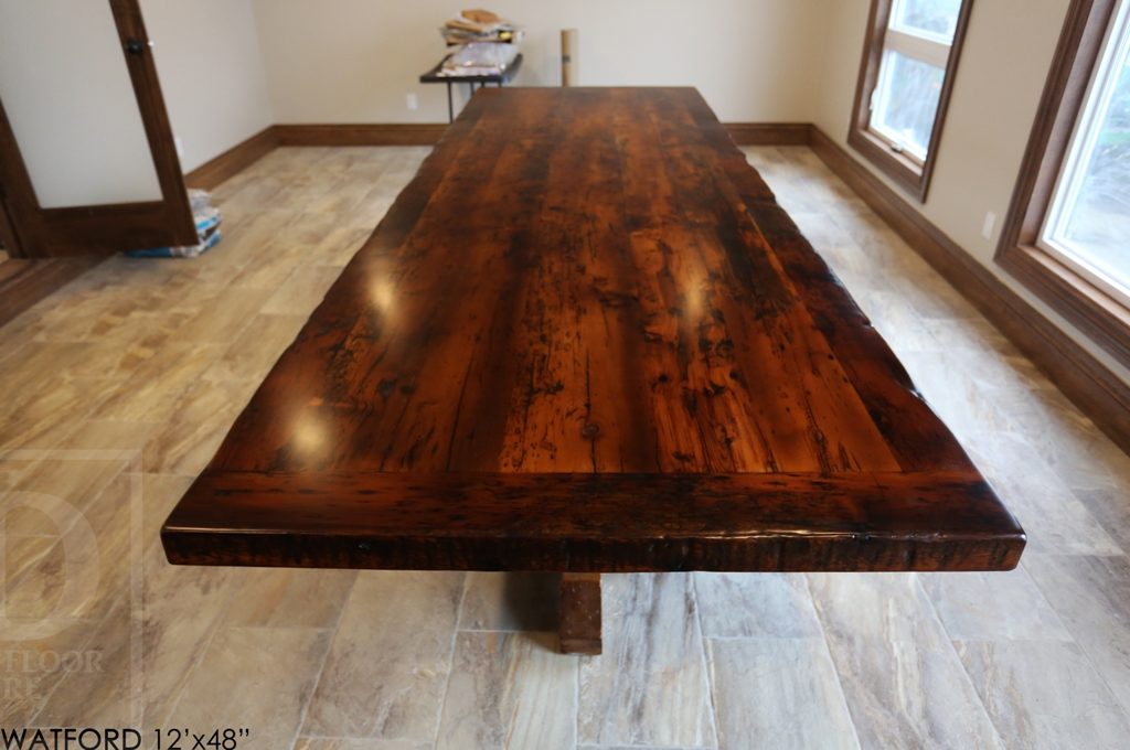 custom pedestal table Ontario, epoxy finish, resin, boardroom table Ontario, reclaimed wood tables Ontario, custom office furniture Ontario, solid wood table, mennonite furniture, Watford Ontario