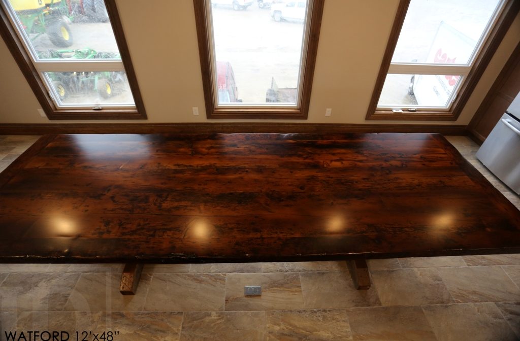 custom pedestal table Ontario, epoxy finish, resin, boardroom table Ontario, reclaimed wood tables Ontario, custom office furniture Ontario, solid wood table, mennonite furniture, Watford Ontario