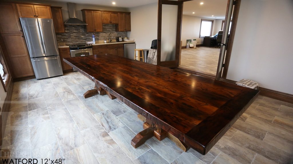 custom pedestal table Ontario, epoxy finish, resin, boardroom table Ontario, reclaimed wood tables Ontario, custom office furniture Ontario, solid wood table, mennonite furniture, Watford Ontario