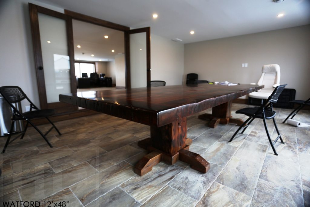 custom pedestal table Ontario, epoxy finish, resin, boardroom table Ontario, reclaimed wood tables Ontario, custom office furniture Ontario, solid wood table, mennonite furniture, Watford Ontario