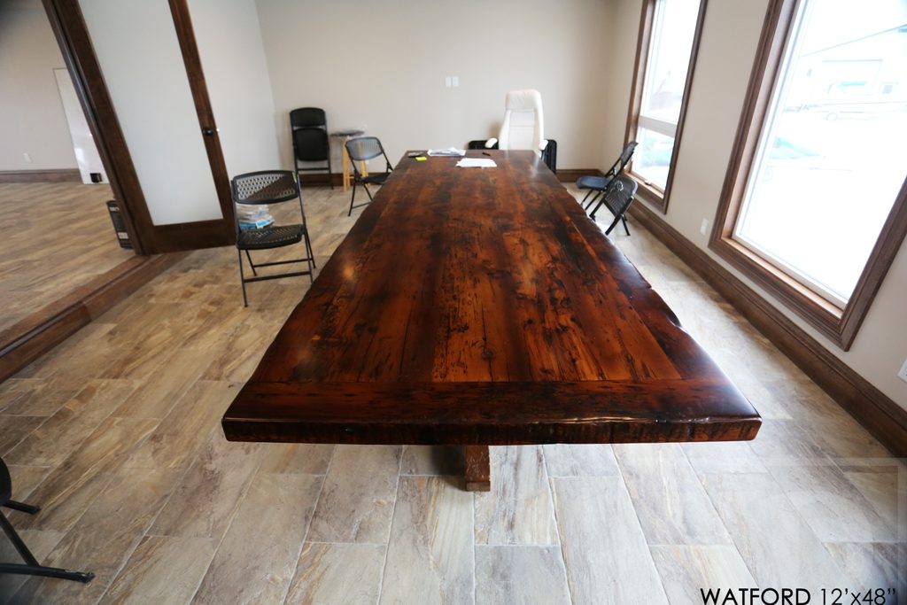 custom pedestal table Ontario, epoxy finish, resin, boardroom table Ontario, reclaimed wood tables Ontario, custom office furniture Ontario, solid wood table, mennonite furniture, Watford Ontario