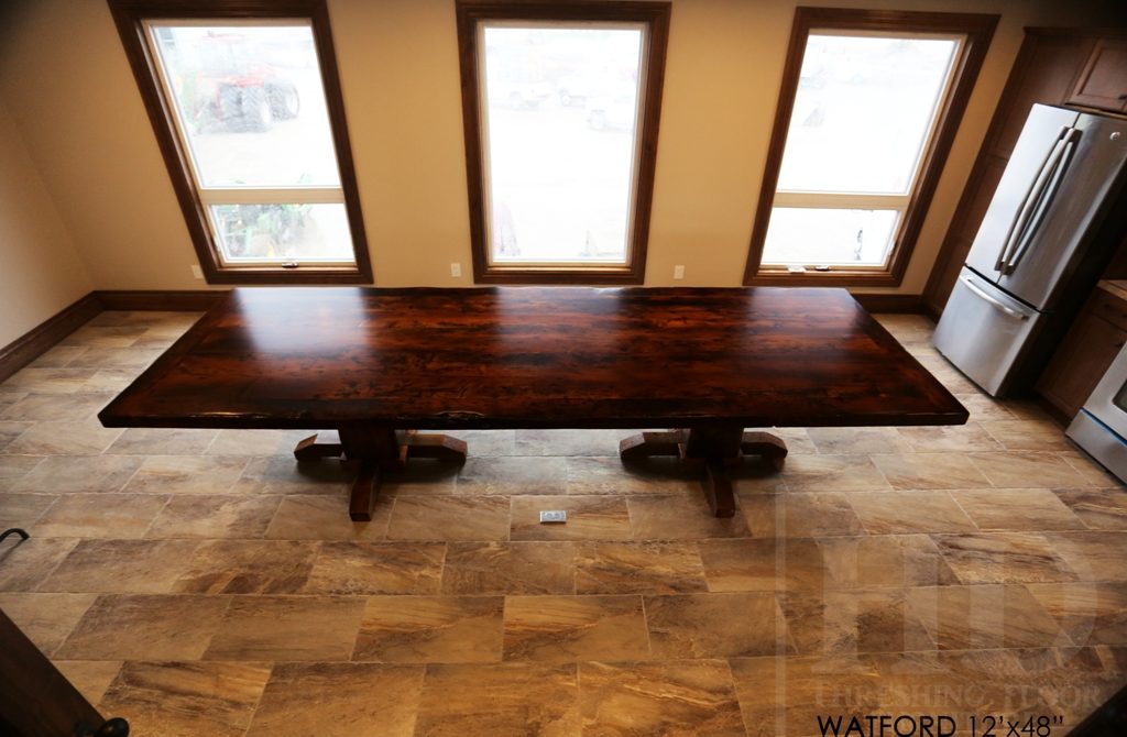 custom pedestal table Ontario, epoxy finish, resin, boardroom table Ontario, reclaimed wood tables Ontario, custom office furniture Ontario, solid wood table, mennonite furniture, Watford Ontario