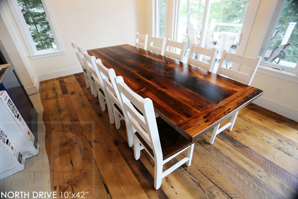 cottage furniture Ontario, trestle table, reclaimed wood table Huntsville Ontario, epoxy finish, Huntsville furniture, cottage table, solid wood table, mennonite furniture, rustic table, rustic wood furniture, Gerald Reinink