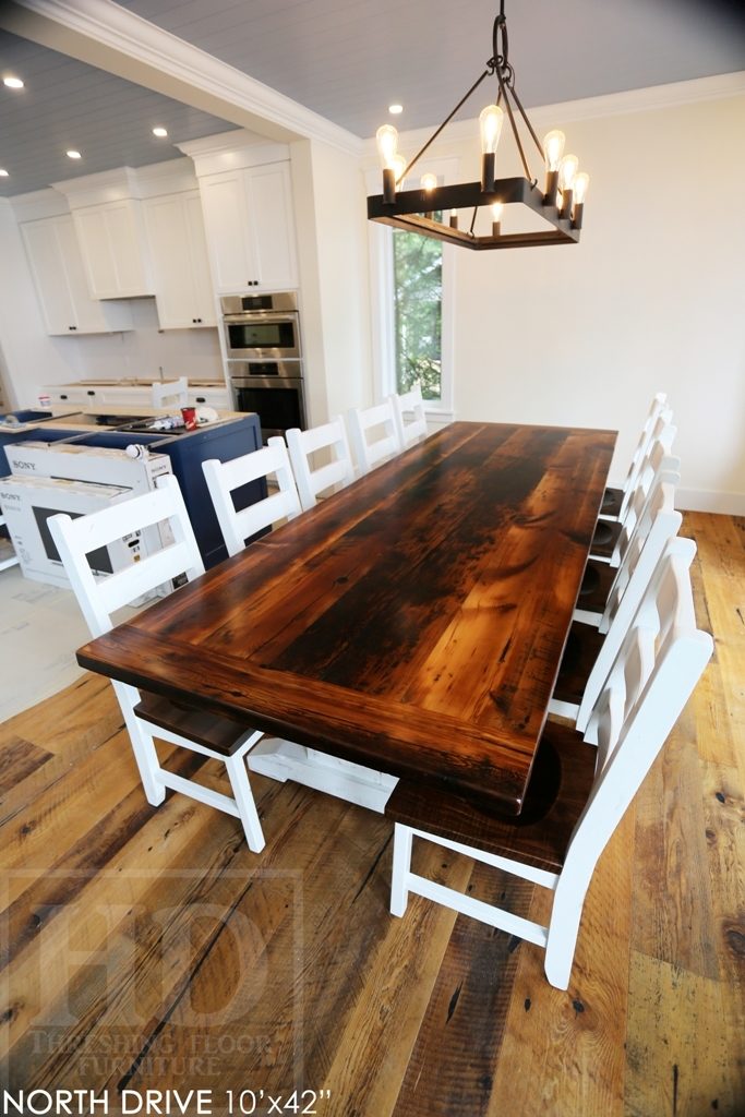 cottage furniture Ontario, trestle table, reclaimed wood table Huntsville Ontario, epoxy finish, Huntsville furniture, cottage table, solid wood table, mennonite furniture, rustic table, rustic wood furniture