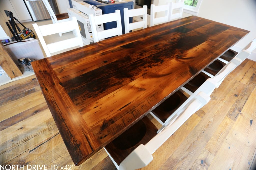 cottage furniture Ontario, trestle table, reclaimed wood table Huntsville Ontario, epoxy finish, Huntsville furniture, cottage table, solid wood table, mennonite furniture, rustic table, rustic wood furniture