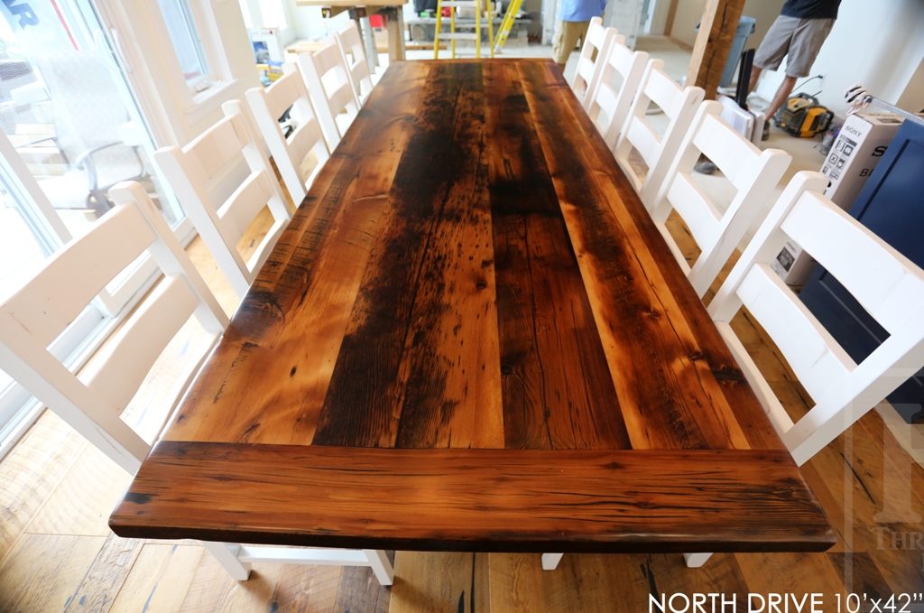 cottage furniture Ontario, trestle table, reclaimed wood table Huntsville Ontario, epoxy finish, Huntsville furniture, cottage table, solid wood table, mennonite furniture, rustic table, rustic wood furniture