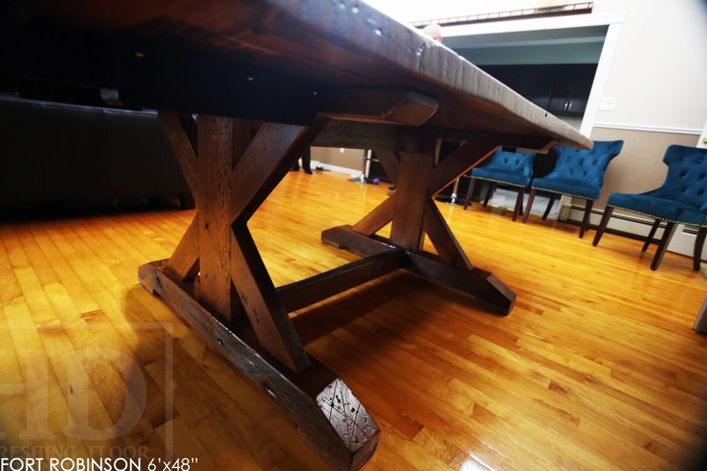 sawbuck table, threshing floor table, furniture Welland Ontario, mennonite furniture, distressed wood table, rustic table, harvest tables Toronto, HD threshing, epoxy finish, solid wood furniture Ontario