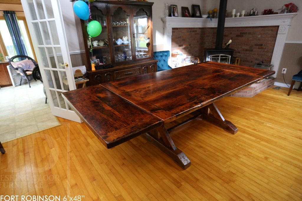 sawbuck table, threshing floor table, furniture Welland Ontario, mennonite furniture, distressed wood table, rustic table, harvest tables Toronto, HD threshing, epoxy finish, solid wood furniture Ontario