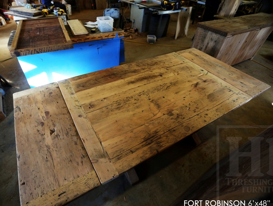 sawbuck table, threshing floor table, furniture Welland Ontario, mennonite furniture, distressed wood table, rustic table, harvest tables Toronto, HD threshing, epoxy finish, solid wood furniture Ontario