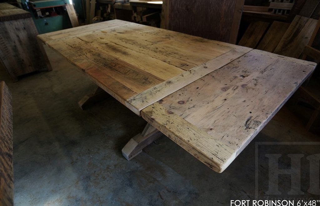 sawbuck table, threshing floor table, furniture Welland Ontario, mennonite furniture, distressed wood table, rustic table, harvest tables Toronto, HD threshing, epoxy finish, solid wood furniture Ontario