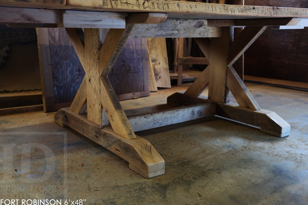 sawbuck table, threshing floor table, furniture Welland Ontario, mennonite furniture, distressed wood table, rustic table, harvest tables Toronto, HD threshing, epoxy finish, solid wood furniture Ontario