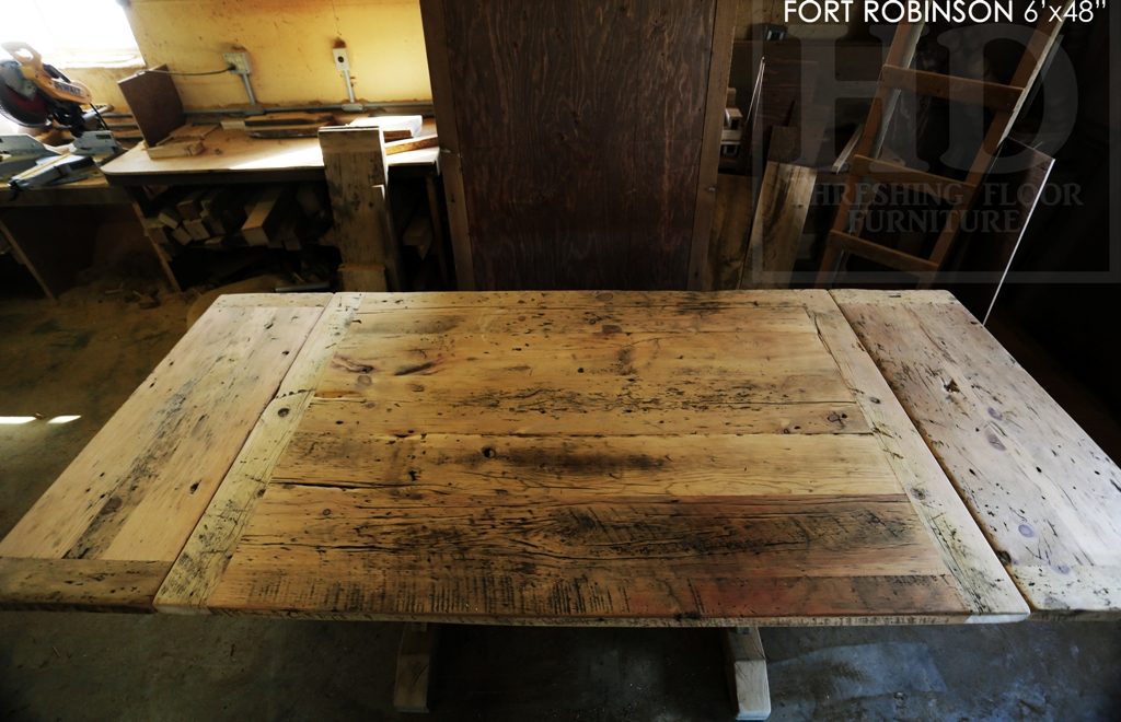 sawbuck table, threshing floor table, furniture Welland Ontario, mennonite furniture, distressed wood table, rustic table, harvest tables Toronto, HD threshing, epoxy finish, solid wood furniture Ontario