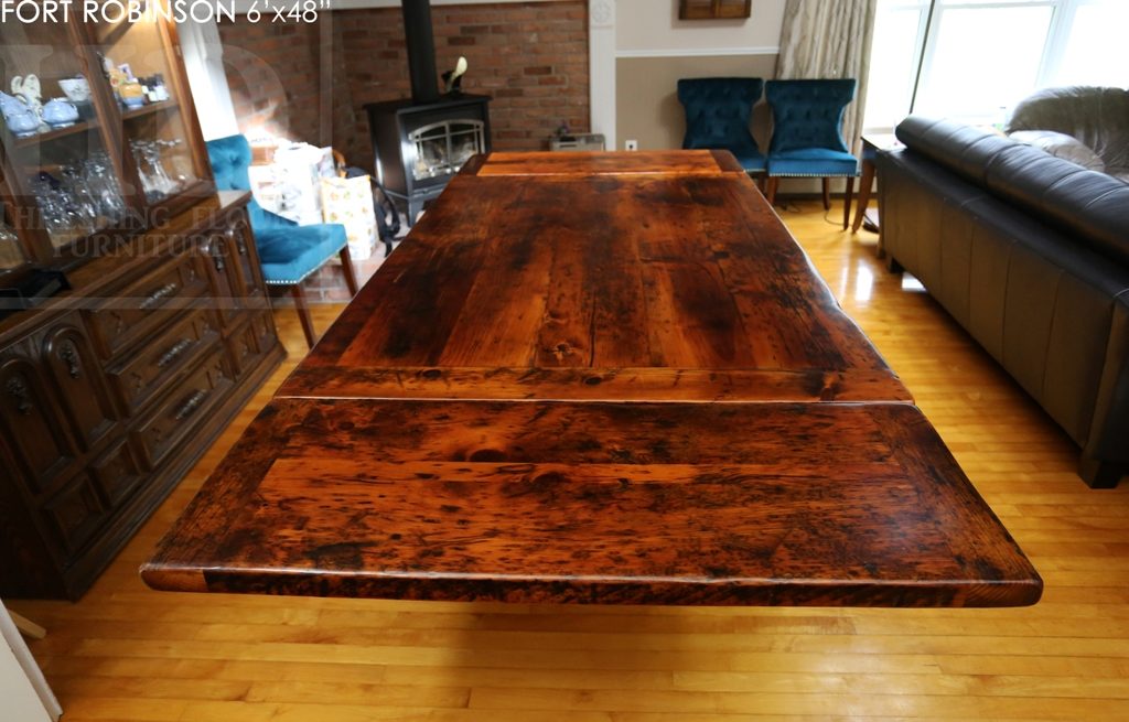 sawbuck table, threshing floor table, furniture Welland Ontario, mennonite furniture, distressed wood table, rustic table, harvest tables Toronto, HD threshing, epoxy finish, solid wood furniture Ontario