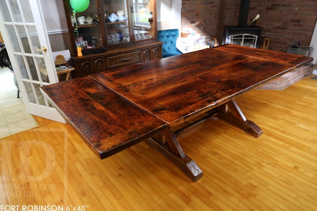 sawbuck table, threshing floor table, furniture Welland Ontario, mennonite furniture, distressed wood table, rustic table, harvest tables Toronto, HD threshing, epoxy finish, solid wood furniture Ontario