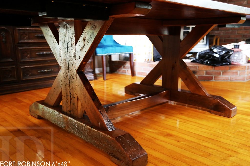 sawbuck table, threshing floor table, furniture Welland Ontario, mennonite furniture, distressed wood table, rustic table, harvest tables Toronto, HD threshing, epoxy finish, solid wood furniture Ontario