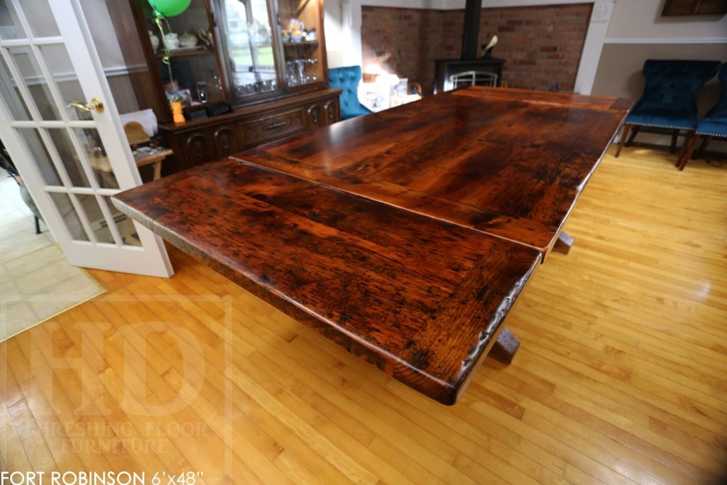 sawbuck table, threshing floor table, furniture Welland Ontario, mennonite furniture, distressed wood table, rustic table, harvest tables Toronto, HD threshing, epoxy finish, solid wood furniture Ontario