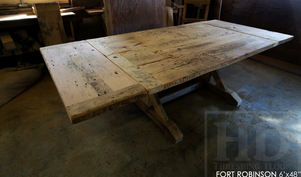 sawbuck table, threshing floor table, furniture Welland Ontario, mennonite furniture, distressed wood table, rustic table, harvest tables Toronto, HD threshing, epoxy finish, solid wood furniture Ontario