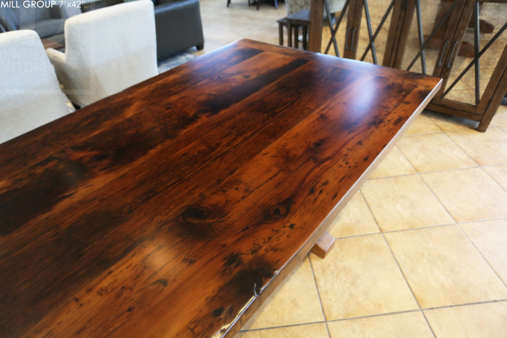 reclaimed wood table, trestle table, epoxy finish, mennonite furniture, recycled wood table, mennonite furniture, custom furniture ontario, kitchener, Gerald Reinink