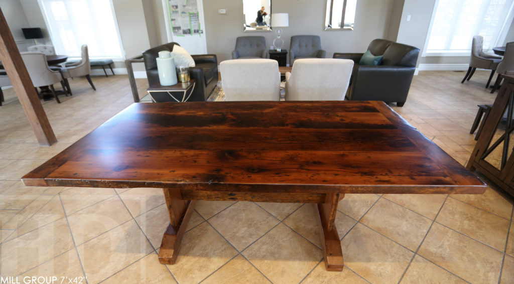 reclaimed wood table, trestle table, epoxy finish, mennonite furniture, recycled wood table, mennonite furniture, custom furniture ontario, kitchener, Gerald Reinink