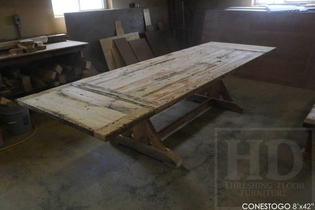 reclaimed wood tables Ontario, mennonite furniture, sawbuck table, solid wood table, rustic furniture, farmhouse harvest table, harvest tables Toronto, Gerald Reinink