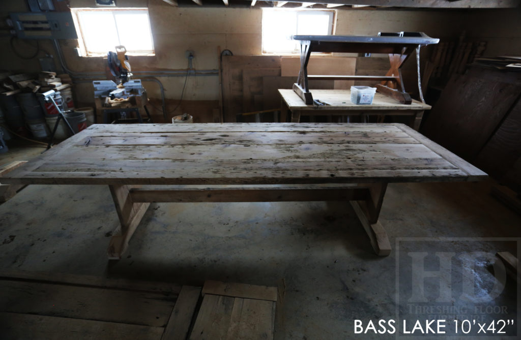 reclaimed wood table Orillia, boathouse table, rustic furniture Orillia, Ontario, reclaimed wood trestle table, epoxy, resin, solid wood furniture Orillia, reclaimed wood, wormy maple chairs, custom finished chairs, reclaimed wood bench, rustic bench, custom reclaimed wood table, threshing table, furniture Orillia, mennonite furniture Orillia, HD Threshing, Gerald Reinink