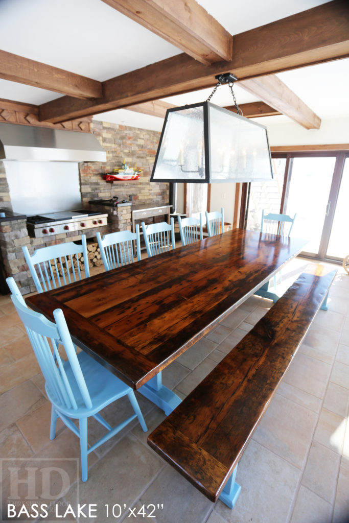 reclaimed wood table Orillia, boathouse table, rustic furniture Orillia, Ontario, reclaimed wood trestle table, epoxy, resin, solid wood furniture Orillia, reclaimed wood, wormy maple chairs, custom finished chairs, reclaimed wood bench, rustic bench, custom reclaimed wood table, threshing table, furniture Orillia, mennonite furniture Orillia, HD Threshing, Gerald Reinink