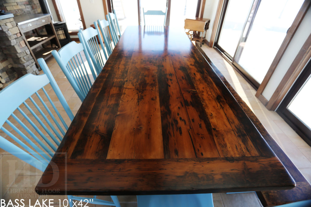 reclaimed wood table Orillia, boathouse table, rustic furniture Orillia, Ontario, reclaimed wood trestle table, epoxy, resin, solid wood furniture Orillia, reclaimed wood, wormy maple chairs, custom finished chairs, reclaimed wood bench, rustic bench, custom reclaimed wood table, threshing table, furniture Orillia, mennonite furniture Orillia, HD Threshing, Gerald Reinink, cottage furniture