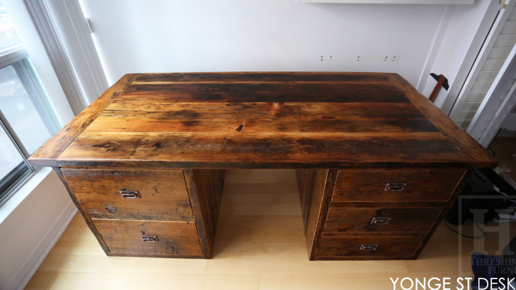 reclaimed wood desk, custom desk, office furniture Ontario, unique desk, solid wood desk, lee valley hardware, epody, hemlock desk, mennonite furniture, cottage furniture, farmhouse desk, country style desk