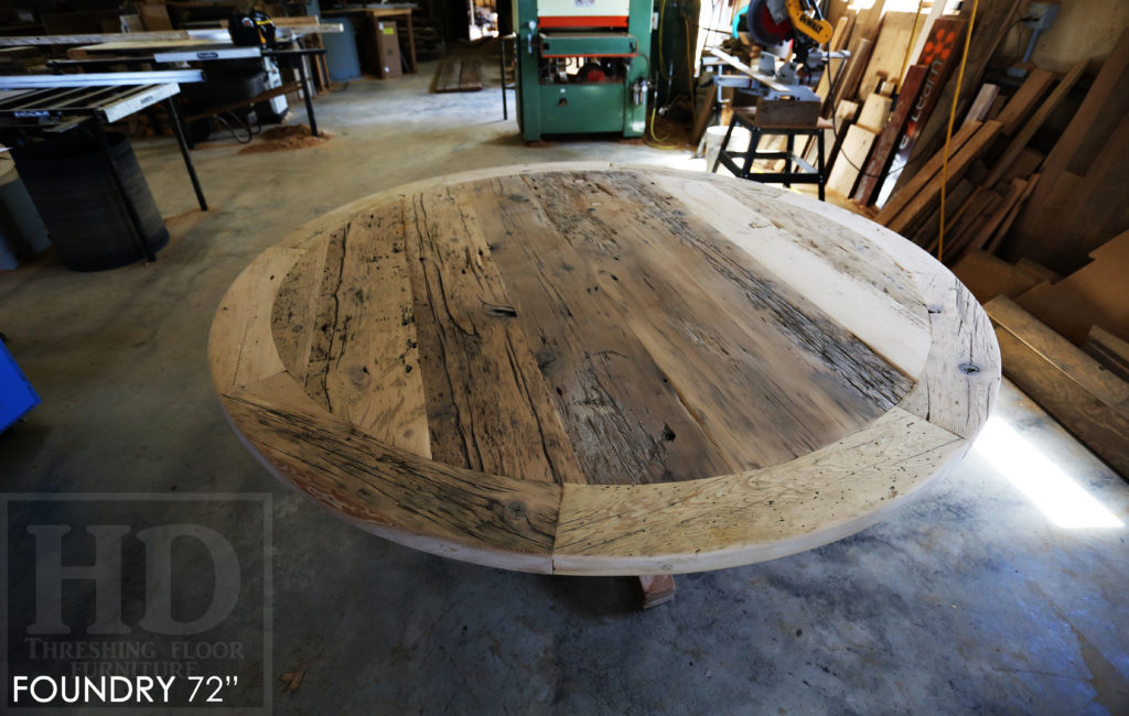 round table, reclaimed wood round table, barnwood round table, lazy susan, hand-hewn beam, barnboard hemlock, hemlock table, epoxy, farmhouse table, recycled wood table, round pedestal table, HD Threshing Floor Furniture, Gerald Reinink