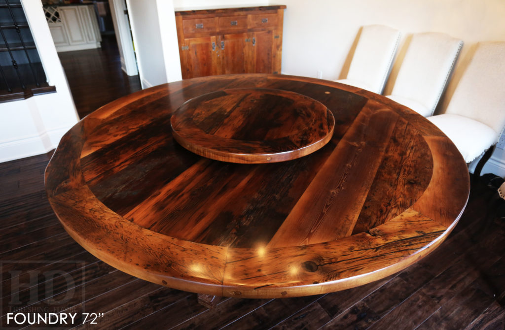 round table, reclaimed wood round table, barnwood round table, lazy susan, hand-hewn beam, barnboard hemlock, hemlock table, epoxy, farmhouse table, recycled wood table, round pedestal table, HD Threshing Floor Furniture, Gerald Reinink