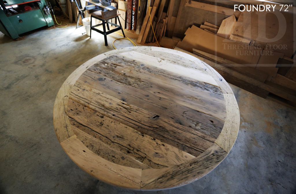 round table, reclaimed wood round table, barnwood round table, lazy susan, hand-hewn beam, barnboard hemlock, hemlock table, epoxy, farmhouse table, recycled wood table, round pedestal table, HD Threshing Floor Furniture, Gerald Reinink