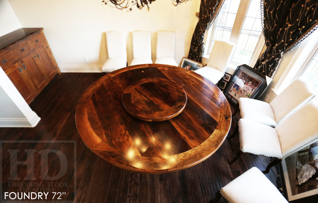 round table, reclaimed wood round table, barnwood round table, lazy susan, hand-hewn beam, barnboard hemlock, hemlock table, epoxy, farmhouse table, recycled wood table, round pedestal table, HD Threshing Floor Furniture, Gerald Reinink