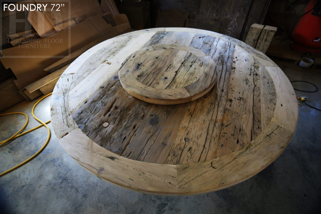 round table, reclaimed wood round table, barnwood round table, lazy susan, hand-hewn beam, barnboard hemlock, hemlock table, epoxy, farmhouse table, recycled wood table, round pedestal table, HD Threshing Floor Furniture, Gerald Reinink