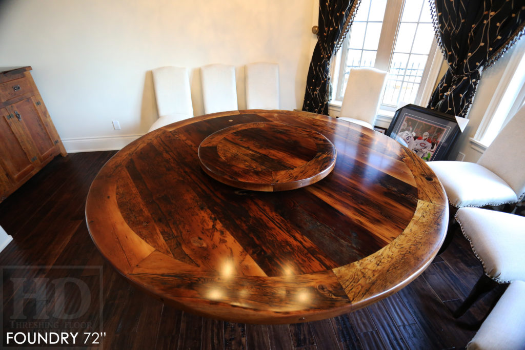 round table, reclaimed wood round table, barnwood round table, lazy susan, hand-hewn beam, barnboard hemlock, hemlock table, epoxy, farmhouse table, recycled wood table, round pedestal table, HD Threshing Floor Furniture, Gerald Reinink