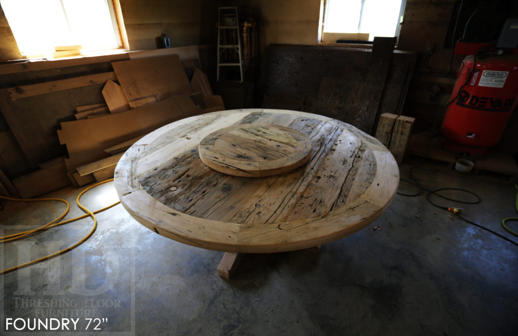 round table, reclaimed wood round table, barnwood round table, lazy susan, hand-hewn beam, barnboard hemlock, hemlock table, epoxy, farmhouse table, recycled wood table, round pedestal table, HD Threshing Floor Furniture, Gerald Reinink