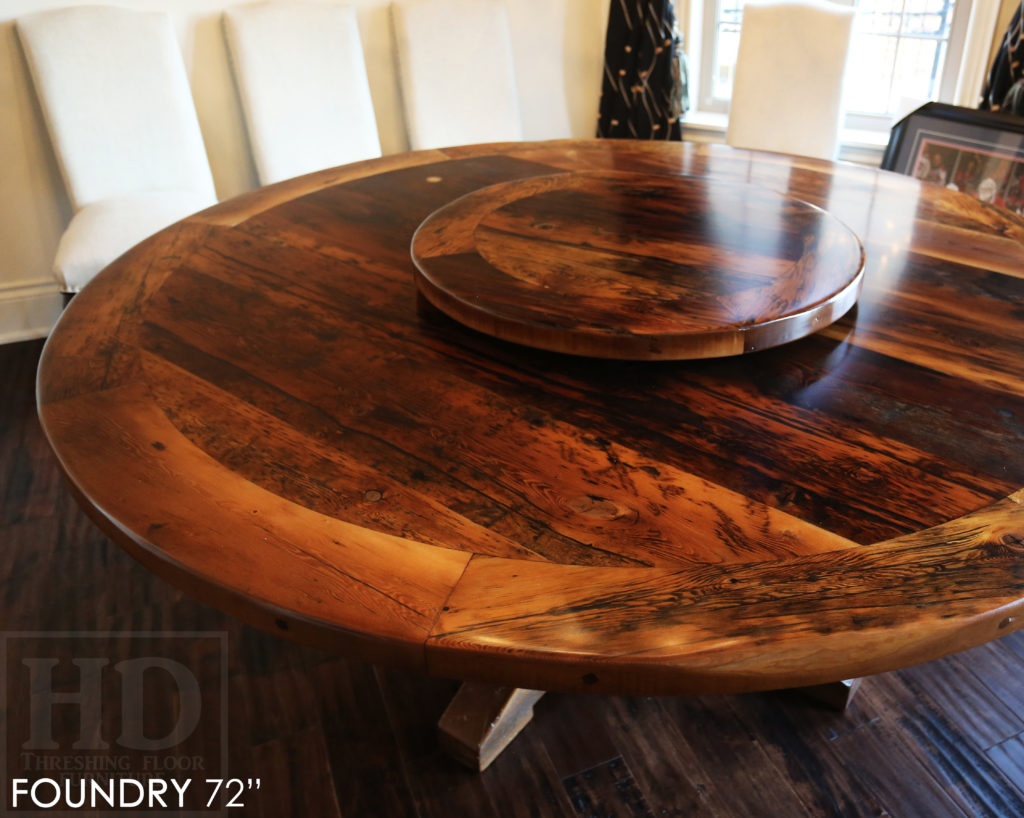 round table, reclaimed wood round table, barnwood round table, lazy susan, hand-hewn beam, barnboard hemlock, hemlock table, epoxy, farmhouse table, recycled wood table, round pedestal table, HD Threshing Floor Furniture, Gerald Reinink