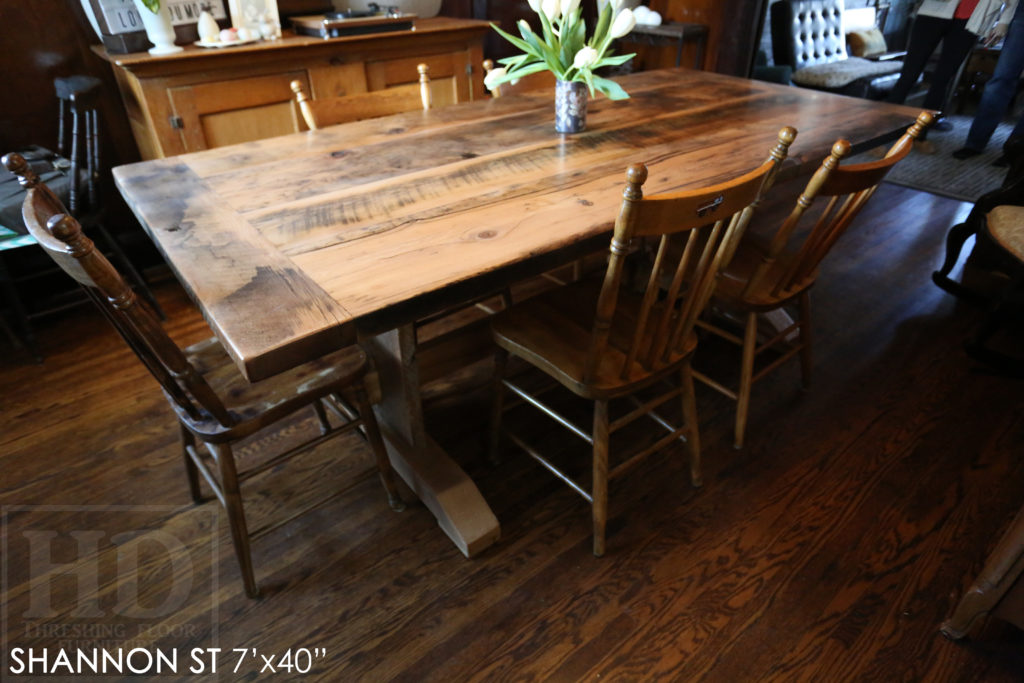 trestle table, grey, gray, unfinished table, reclaimed wood tables Ontario, custom furniture Ontario, epoxy finish, country style, farmhouse table, cottage tables Ontario, distressed wood table, HD Threshing, solid wood furniture, mennonite furniture