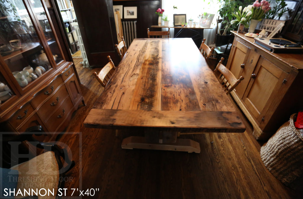 trestle table, grey, gray, unfinished table, reclaimed wood tables Ontario, custom furniture Ontario, epoxy finish, country style, farmhouse table, cottage tables Ontario, distressed wood table, HD Threshing, solid wood furniture, mennonite furniture