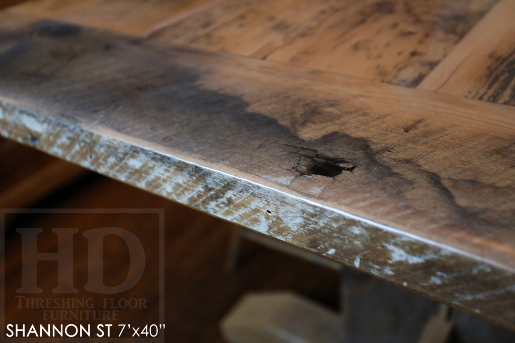 trestle table, grey, gray, unfinished table, reclaimed wood tables Ontario, custom furniture Ontario, epoxy finish, country style, farmhouse table, cottage tables Ontario, distressed wood table, HD Threshing, solid wood furniture, mennonite furniture