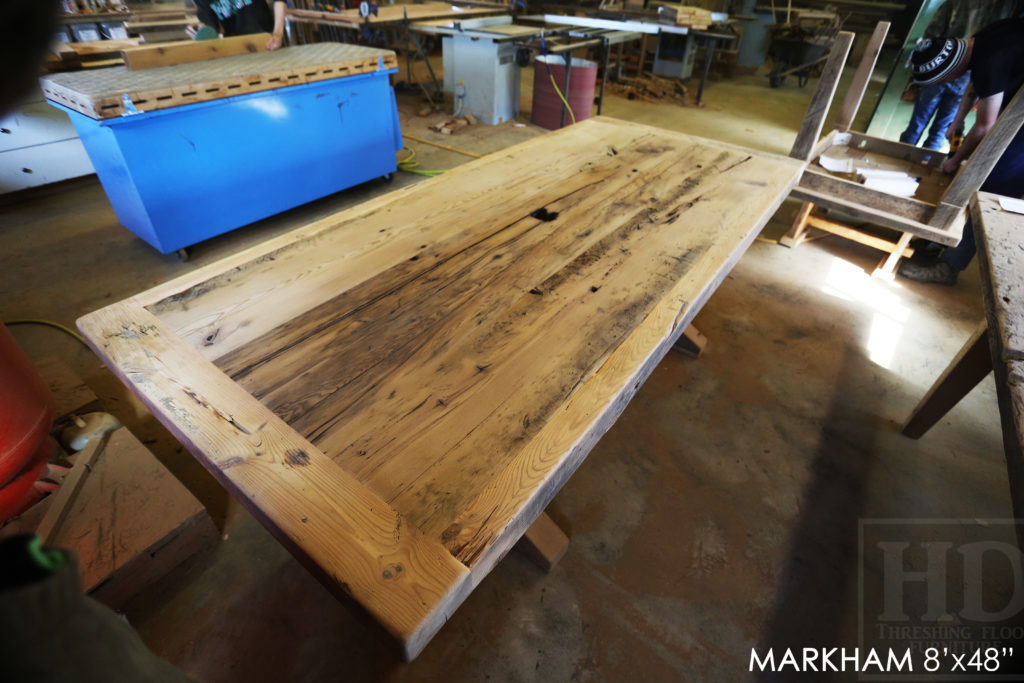 reclaimed wood pedestal table, epoxy finish, hemlock barnboard table, epoxy finish, reclaimed wood tables Ontario, painted base table, pedestal table, custom tables Ontario, farmhouse table Ontario, country style table, cottage style table, HD Threshing, mennonite furniture Cambridge
