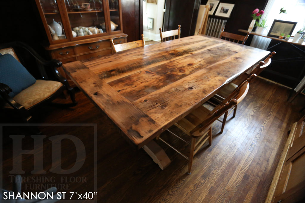 trestle table, grey, gray, unfinished table, reclaimed wood tables Ontario, custom furniture Ontario, epoxy finish, country style, farmhouse table, cottage tables Ontario, distressed wood table, HD Threshing, solid wood furniture, mennonite furniture