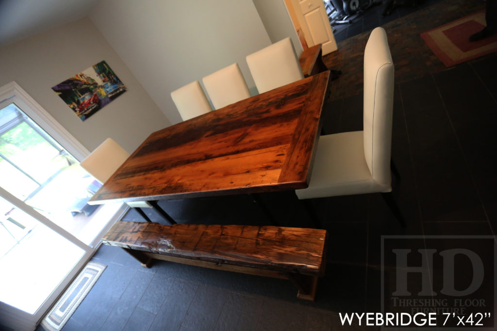 reclaimed wood table, hand-hewn beam bench, barn floor board furniture, Ontario barnwood furniture, epoxy, resin, hemlock table, barnwood furniture, reclaimed wood bench, parsons chairs, solid wood furniture, mennonite furniture, topgrain leather parson chair, reclaimed wood furniture set, reclaimed wood dining set, HD Threshing Gerald Reinink