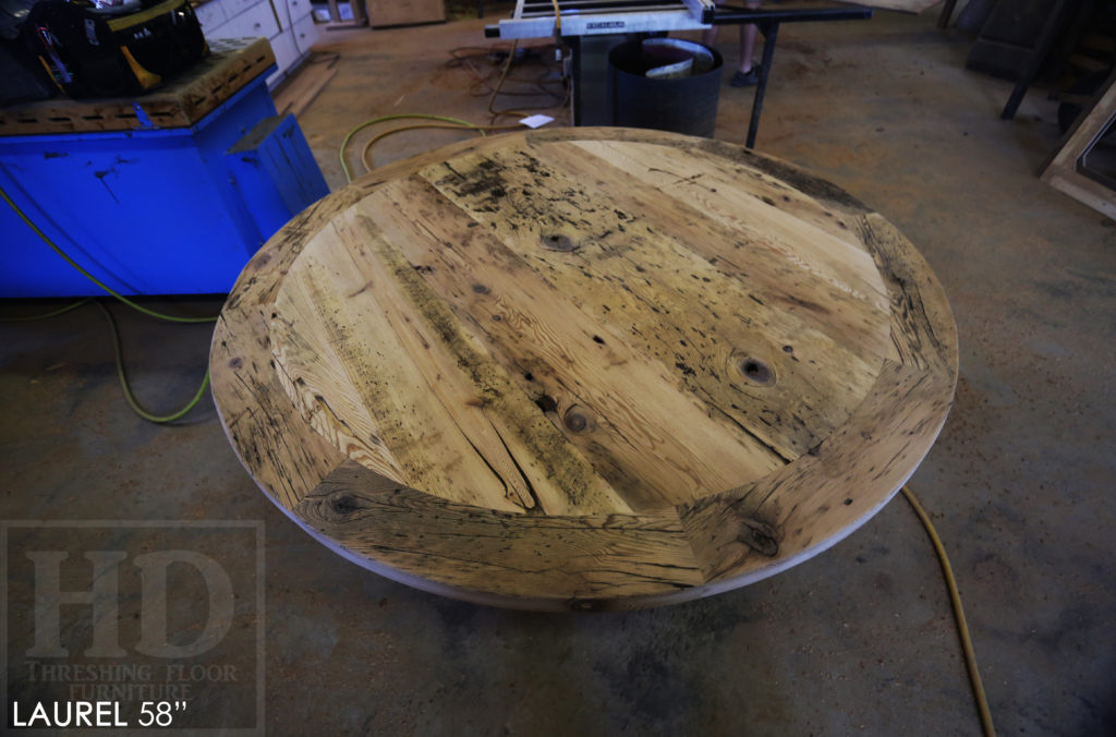 round table, reclaimed wood tables Ontario, barnwood table, mennonite furniture Ontario, rustic table, farmhouse table, country style table, epoxy finish, unique tables Ontario, hand hewn beam