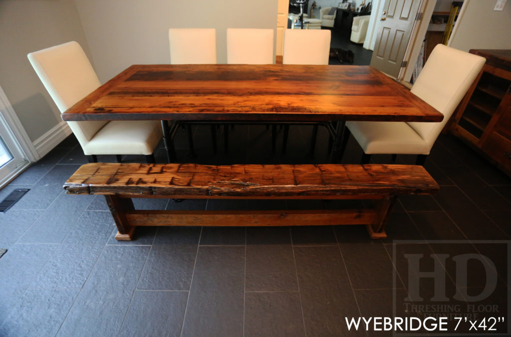 reclaimed wood table, hand-hewn beam bench, barn floor board furniture, Ontario barnwood furniture, epoxy, resin, hemlock table, barnwood furniture, reclaimed wood bench, parsons chairs, solid wood furniture, mennonite furniture, topgrain leather parson chair, reclaimed wood furniture set, reclaimed wood dining set, HD Threshing Gerald Reinink