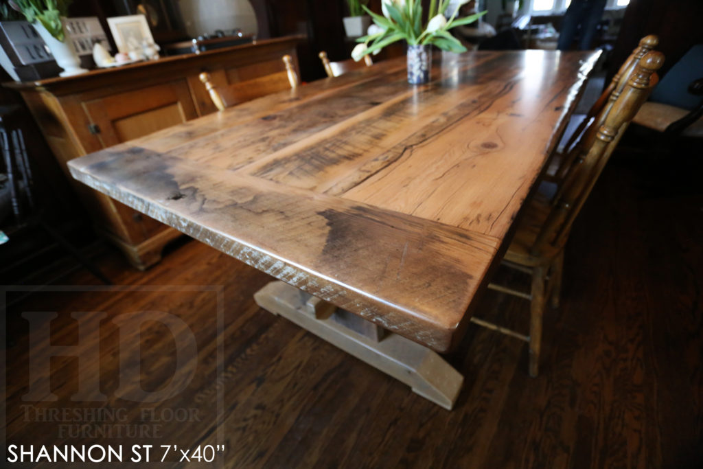 trestle table, grey, gray, unfinished table, reclaimed wood tables Ontario, custom furniture Ontario, epoxy finish, country style, farmhouse table, cottage tables Ontario, distressed wood table, HD Threshing, solid wood furniture, mennonite furniture