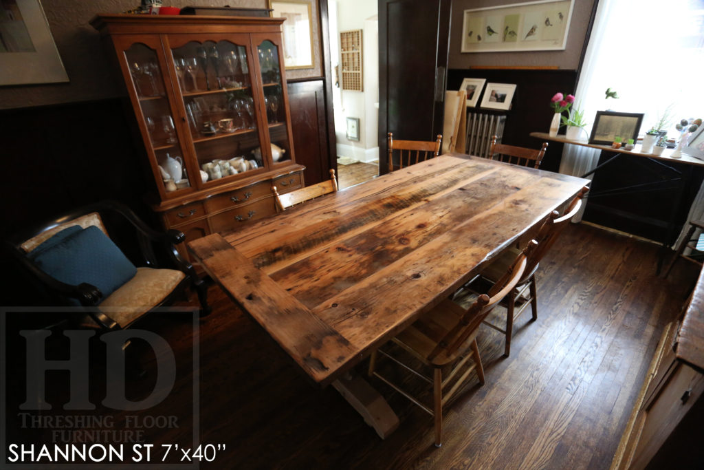 trestle table, grey, gray, unfinished table, reclaimed wood tables Ontario, custom furniture Ontario, epoxy finish, country style, farmhouse table, cottage tables Ontario, distressed wood table, HD Threshing, solid wood furniture, mennonite furniture