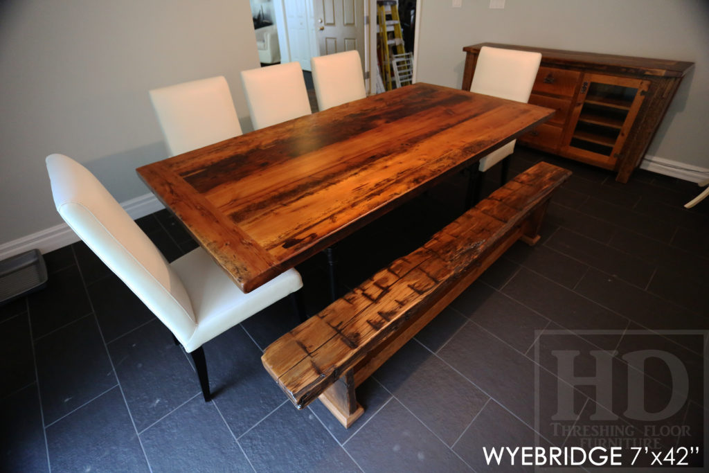 reclaimed wood table, hand-hewn beam bench, barn floor board furniture, Ontario barnwood furniture, epoxy, resin, hemlock table, barnwood furniture, reclaimed wood bench, parsons chairs, solid wood furniture, mennonite furniture, topgrain leather parson chair, reclaimed wood furniture set, reclaimed wood dining set, HD Threshing Gerald Reinink