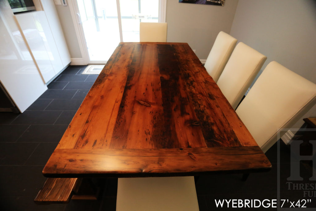 reclaimed wood table, hand-hewn beam bench, barn floor board furniture, Ontario barnwood furniture, epoxy, resin, hemlock table, barnwood furniture, reclaimed wood bench, parsons chairs, solid wood furniture, mennonite furniture, topgrain leather parson chair, reclaimed wood furniture set, reclaimed wood dining set, HD Threshing Gerald Reinink