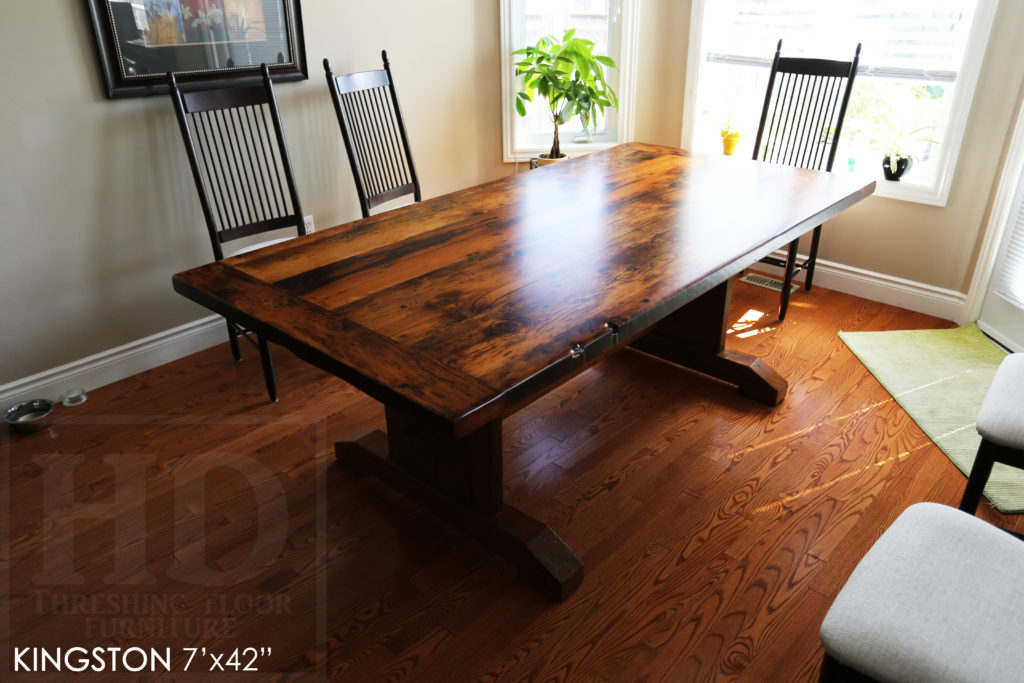 rustic furniture kingston, reclaimed hemlock table, epoxy finish, reclaimed wood table kingston, rustic wood furniture ontario, mennonite furniture kingston, hemlock, farmhouse table ontario, trestle table ontario, unique table ontario, gerald reinink